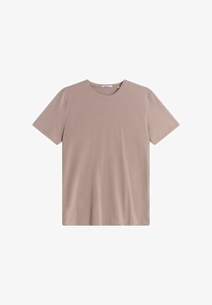T-shirt à col rond à manches courtes de couleur beige clair, fabriqué en tissu lisse avec un design simple et sans motifs ni accents notables.
