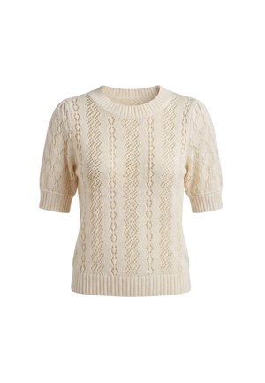 Crèmekleurige gebreide trui met korte mouwen, bloemen- en diamantkantpatronen, geribde ronde hals, manchetten en zoom.