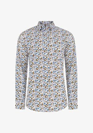 Koszula z długim rękawem w białej kolorystyce z kolorowym wzorem kwiatowym w odcieniach niebieskiego, żółtego i brązowego. Zapinana na guziki, z detalami kołnierzyka.