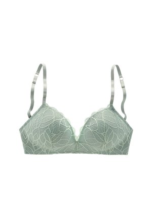 Pehmea roheline pitsrinnahoidja lillelehe mustriga, laineliste servadega, reguleeritavate satiintrippidega ja siledaga viimistlusega.