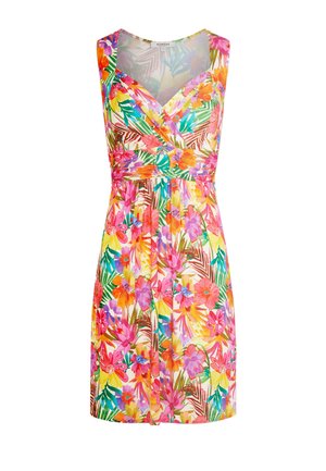 Robe sans manches jusqu'au genou, avec encolure en V, taille cintrée, et imprimé floral tropical vif dans des nuances de rose, orange, jaune, vert et bleu.