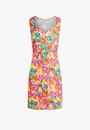 Robe sans manches jusqu'au genou, avec encolure en V, taille cintrée, et imprimé floral tropical vif dans des nuances de rose, orange, jaune, vert et bleu.