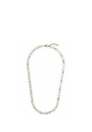 Necklace with white heart-shaped beads separated by small gold round beads and a gold lobster clasp with adjustable chain.