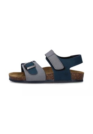 Sandalo bicolore in grigio e blu scuro, dotato di una fibbia e di una cinghia con velcro, soletta in sughero e suola in gomma texturizzata.
