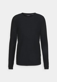 Black knitted sweater with a round neckline, long sleeves, and a textured striped pattern. Soft material with a relaxed fit.