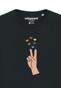 Black cotton t-shirt featuring a graphic of a hand making a peace sign, surrounded by colorful hearts in various shades.