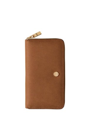 Brown textured leather zip-around wallet with gold-tone zipper pull and circular metal button on front.