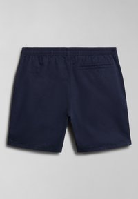 Navy blue swim shorts made of smooth fabric, featuring an elastic waistband, back pocket, and clean hemline without patterns or accents.