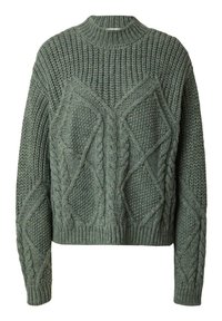 Vihreä neulottu neulepaita korkealla pääntiellä, jossa on teksturoidut vinotekorakuvioinnit ja lyhyt, laatikkomainen malli.