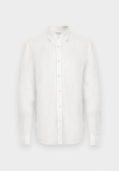 Λευκό πουκάμισο με μακριά μανίκια, κουμπιά, γιακά και μανσέτες, απλωμένο επίπεδα σε απλό φόντο.