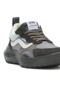 Vans UltraRange sneaker featuring a mix of gray and black suede, mesh, and leather materials. Includes a textured sole and light blue accents.