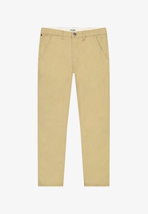 Beige Wrangler-Hose mit geradem Bein, vorderen Taschen, Gürtelschlaufen und Knopfverschluss vor weißem Hintergrund.