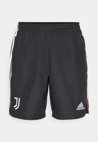 Melni sporta šorti ar elastīgu jostasvietu, baltām sānu svītrām, Juventus logo kreisajā priekšā un Adidas logo labajā priekšā. Gluda tekstūra.