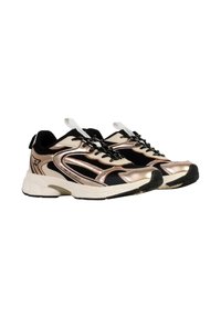Zapatillas deportivas con parte superior de malla negra y detalles en dorado metálico rosa, diseño con cordones, cuello acolchado y suela de goma.