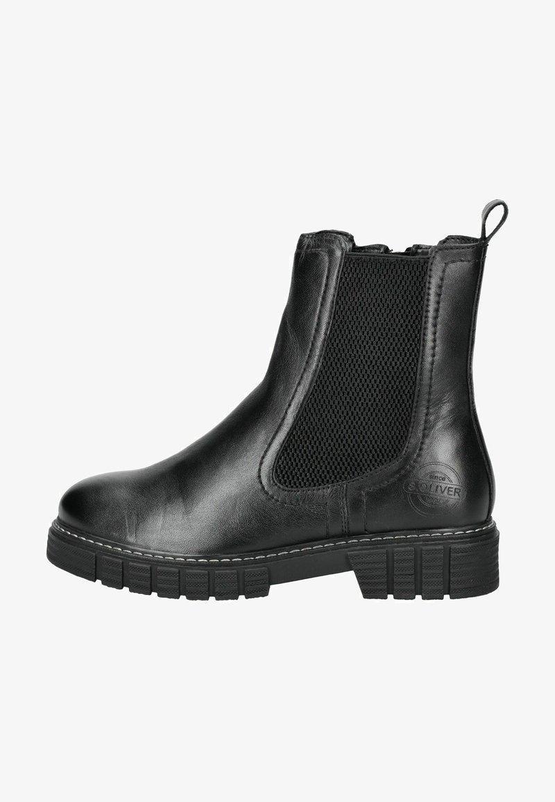 Czarne skórzane botki za kostkę z elastycznymi panelami z siatki, okrągłym noskiem, fakturowaną gumową podeszwą oraz widocznymi detalami szwów wzdłuż krawędzi.