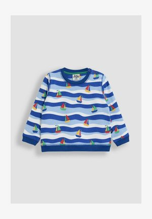 Felpa blu a maniche lunghe con motivo a righe, linee ondulate e design di barche a vela colorate. Materiale in cotone con bottoni sulle spalle.