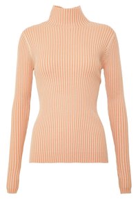 Maglione a collo alto a coste in color pesca chiaro con maniche lunghe, realizzato in tessuto morbido. Motivo testurizzato con strisce verticali su tutta la superficie.