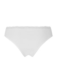 White cotton brief with a floral lace trim at the waistband. Smooth texture, mid-rise design, and a minimalist silhouette.