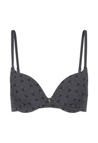 Gray padded bra with thin adjustable straps, featuring a subtle leaf pattern and small gold hardware detail at the center.