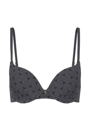 Soutien-gorge gris rembourré avec des bretelles fines et ajustables, affichant un motif de feuilles subtil et un petit détail en métal doré au centre.