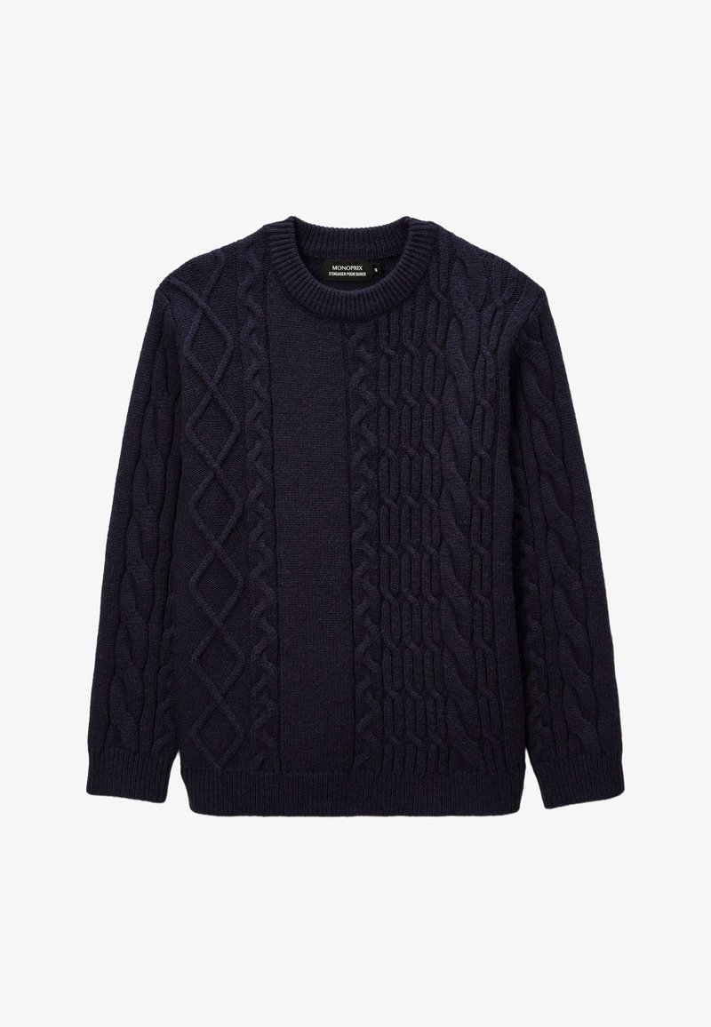 Pull en maille bleu marine foncé avec des motifs de torsades intriqués, des poignets et un ourlet côtelés. Fabriqué à partir d'un matériau doux et texturé, coupe standard.