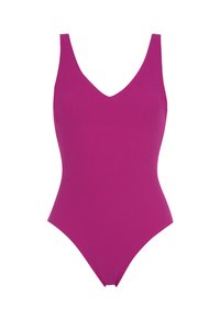 Maillot de bain une pièce de couleur rose vif. Présente un décolleté en V profond et des bretelles larges. Texture lisse, coupe ajustée et design minimaliste.