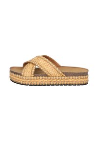 Woven straw slide sandals with cross straps, tan color, 2-inch platform, textured surface, and decorative stitching along the sole edges.
