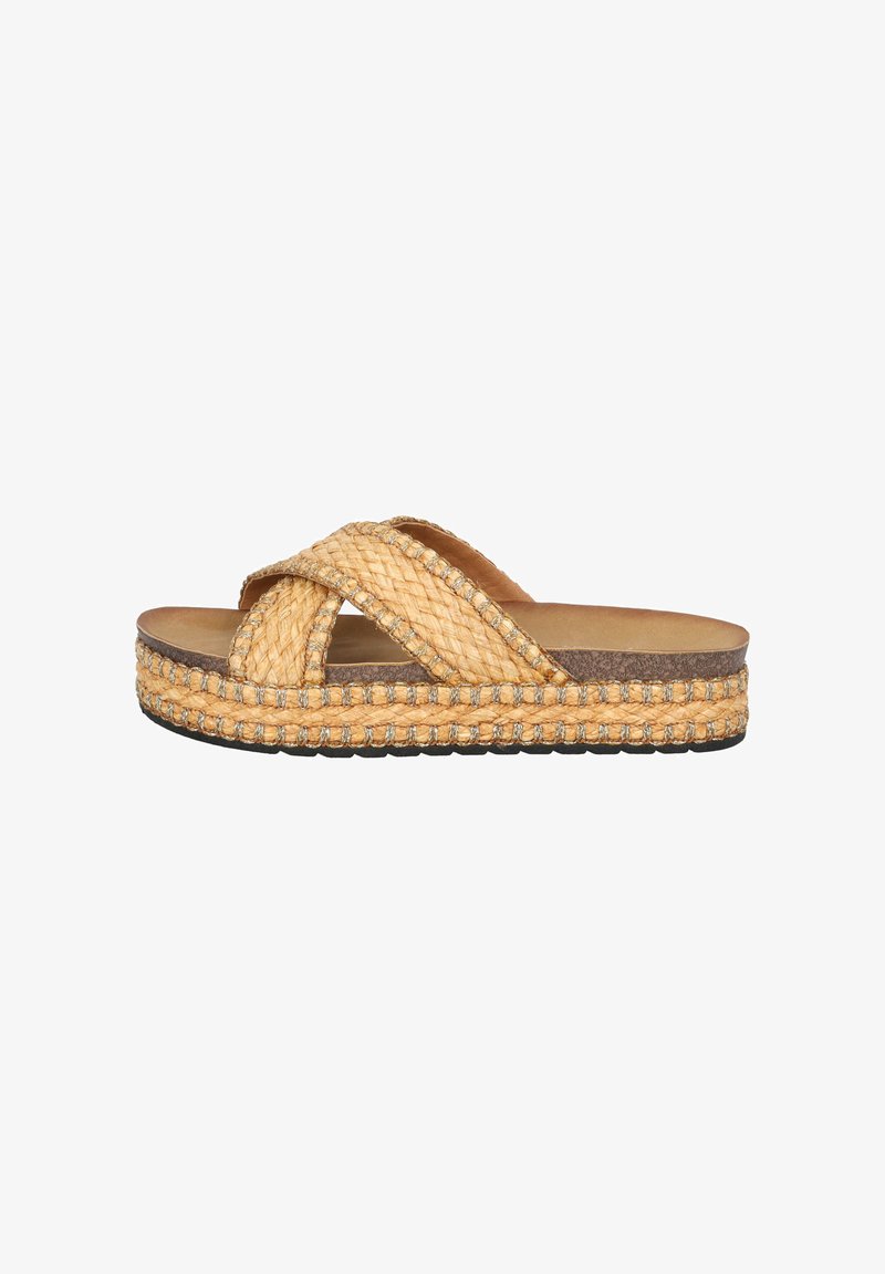 Woven straw slide sandals with cross straps, tan color, 2-inch platform, textured surface, and decorative stitching along the sole edges.