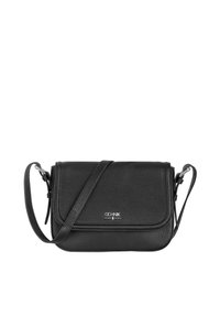 Czarna skórzana torba na ramię z teksturowanym wykończeniem, klapą na zgięciu, srebrnymi akcentami i regulowanym paskiem. Posiada logo z przodu.