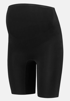 Zwarte zwangerschapsbroekjes van rekbaar, glad materiaal. Heeft een hoge tailleband en is van gemiddelde dijlengte zonder zichtbare naden.