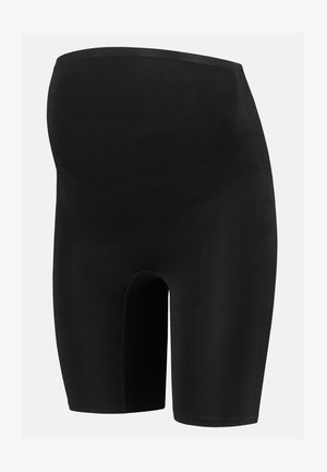 Zwarte zwangerschapsbroekjes van rekbaar, glad materiaal. Heeft een hoge tailleband en is van gemiddelde dijlengte zonder zichtbare naden.
