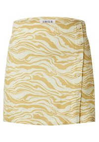 Geel en wit gestreepte minirok met een zebraprintontwerp, voorzien van een knoopsluiting aan de linkerkant en een zachte, gestructureerde stof.