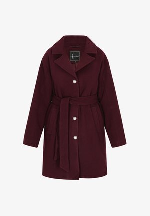 Bordeaux wolblend jas met een notch-kraag, voorknopen, zijzakken en een bijpassende riem voor sluiting. Zachte textuur, knielange ontwerp.