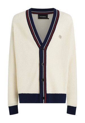Cardigan en maille crème avec col en V, col côtelé bleu marine, et rayures rouges et blanches. Comporte cinq boutons noirs et un motif texturé.