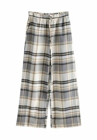 Wide-leg pants with beige, gray, and black plaid pattern, elastic waistband, and front drawstring pull against a white background.