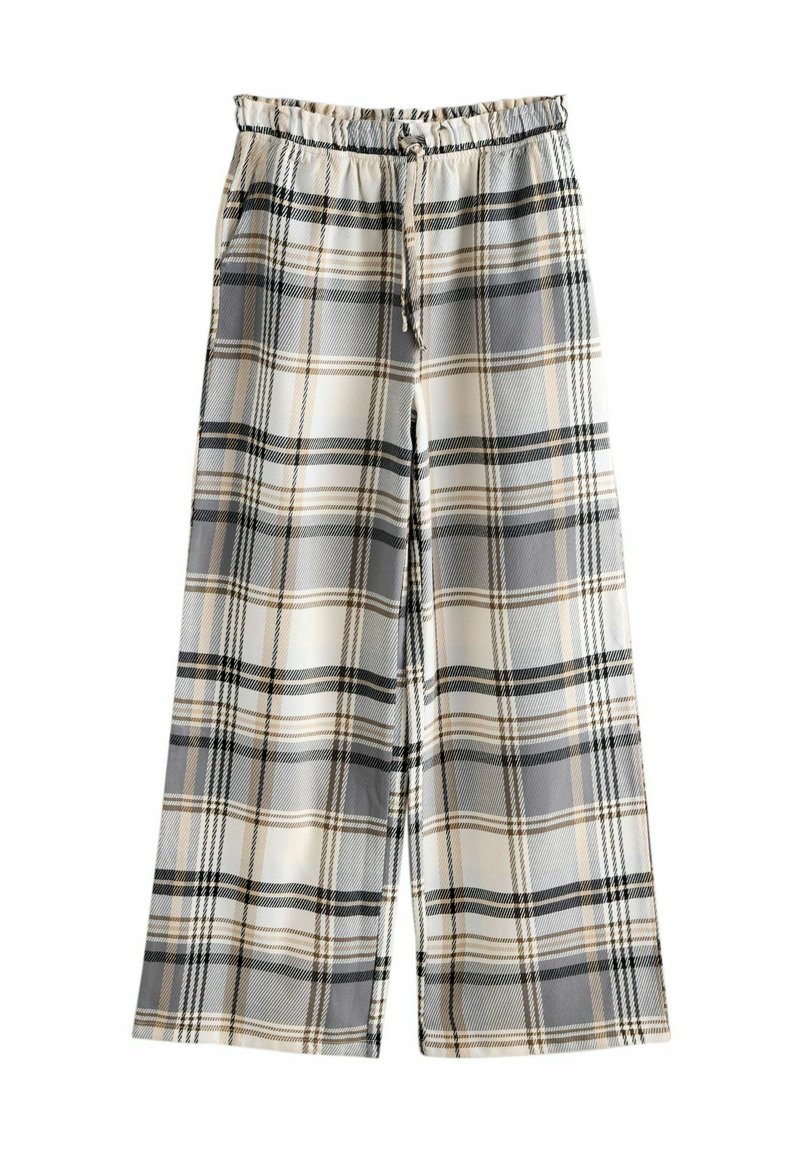 Wide-leg pants with beige, gray, and black plaid pattern, elastic waistband, and front drawstring pull against a white background.