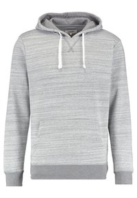 Sudadera con capucha gris con diseño texturizado, capucha con cordón y bolsillo tipo canguro en la parte delantera. Puños y dobladillo acanalados, estilo minimalista.