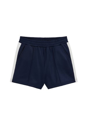 Sportske kratke hlače tamnoplave boje s bijelim bočnim prugama, elastičnim pojasom i prednjim džepovima, položene ravno na bijelu pozadinu.
