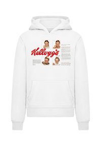 White hooded sweatshirt featuring a Kellogg's logo, vintage photographs of children, and text in red and black. Front kangaroo pocket.
