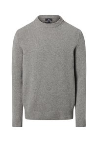 Grauer Strickpullover mit rundem Halsausschnitt, gerippten Bündchen und Saum sowie einer glatten Textur. Zeitloses, klassisches Design ohne Verzierungen.