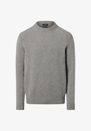 Szary sweter dzianinowy z okrągłym dekoltem, prążkowanymi mankietami i dołem oraz gładką fakturą. Prosty, klasyczny fason bez zdobień.