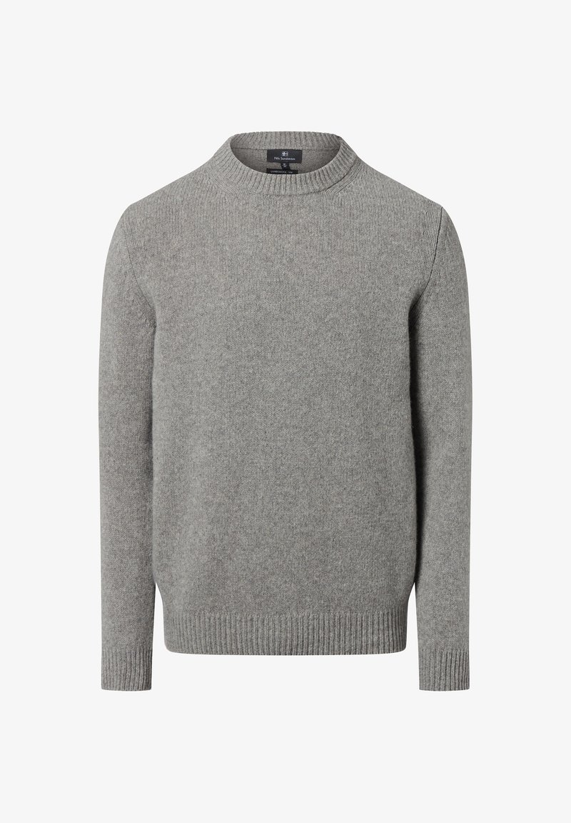 Grauer Strickpullover mit rundem Halsausschnitt, gerippten Bündchen und Saum sowie einer glatten Textur. Zeitloses, klassisches Design ohne Verzierungen.