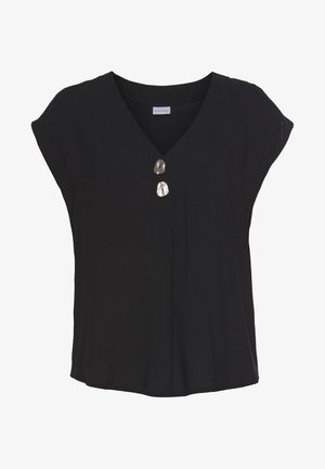 Schwarzes Kurzarm-Oberteil mit V-Ausschnitt und drei dekorativen Knöpfen an der Vorderseite. Aus einem glatten, leichten Stoff gefertigt.