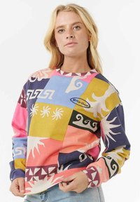 Bunt bedrucktes Sweatshirt mit Patchwork-Design in Pink, Blau, Gelb und Lila, das abstrakte Muster und einen gerippten Halsabschluss aufweist.