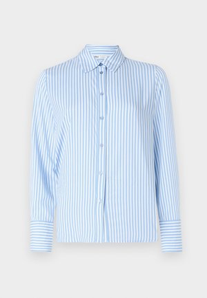 Šviesiai mėlynų dryžių ilgos rankovės marškiniai su apykakle, gumbų uždarymu priekyje ir kontrastingais dryžuotais rankogaliais. Lygus audinio paviršius.