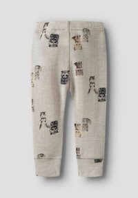 Hellgraue Baumwollleggings mit einem wiederholten Tierdruck in sanften Farbtönen, mit gerippten Bündchen und einem elastischen Bund.