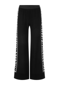 Black wide-leg trousers with an elastic waistband and contrasting white side stripes featuring a pattern. Made of lightweight fabric.