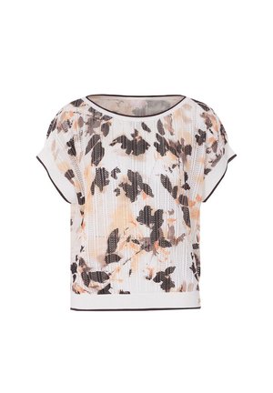 Maglia bianca a maniche corte in maglia con motivo floreale astratto in nero e pesca e scollatura e orlo bordati di scuro.