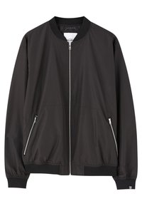 Veste bomber noire en tissu léger. Dotée d'une fermeture éclair à l'avant, de deux poches latérales zippées, et de poignets et ourlet côtelés.