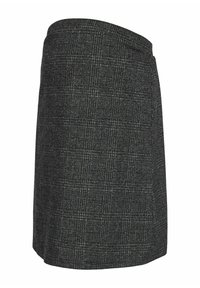 Donkergrijze rok tot de knie met een subtiele geruite structuur en een aansluitende tailleband, weergegeven vanuit een zijaanzicht.